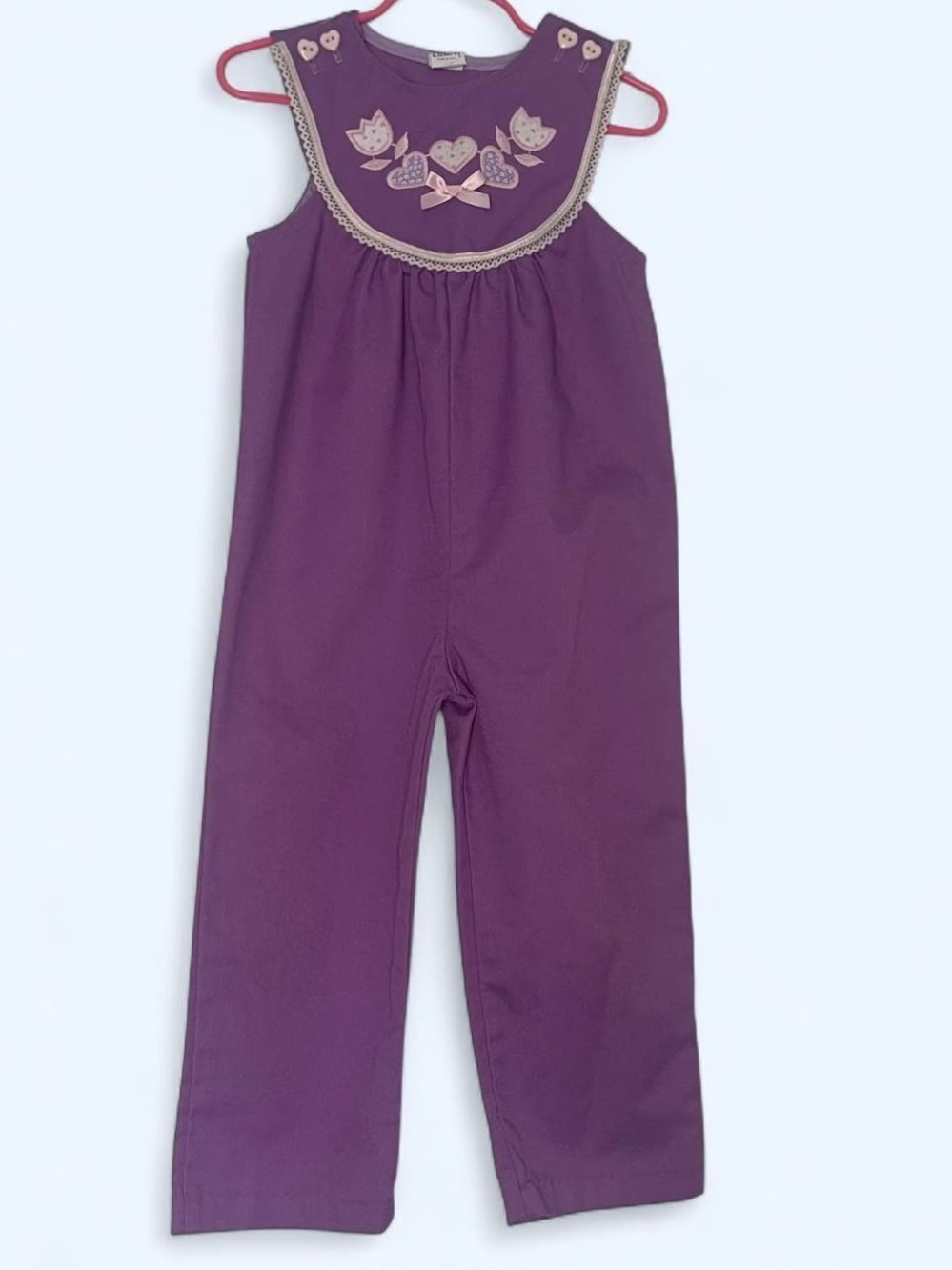 Vintage Carter's Toddler Girl Jumpsuit Purple Floral Heart Embroidery Size 4